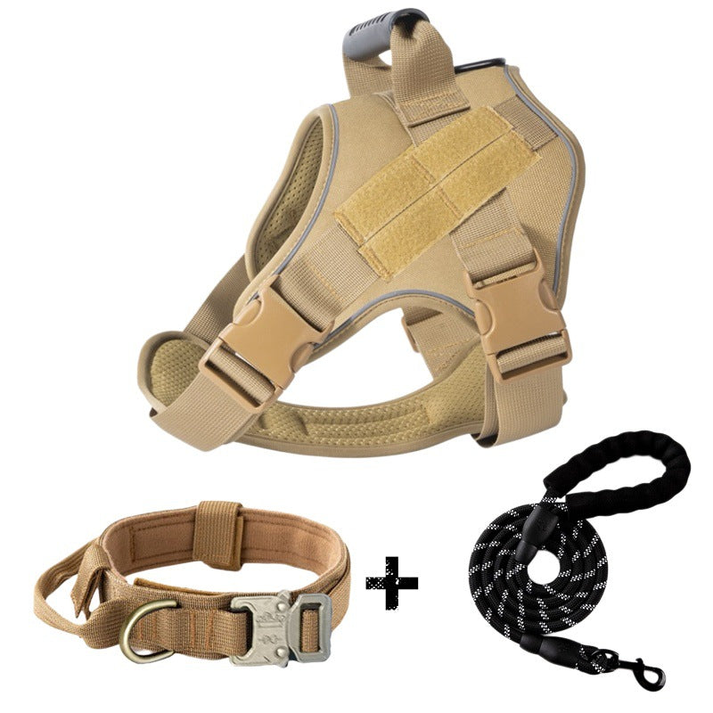 Large dog wearing an adjustable tactical harness