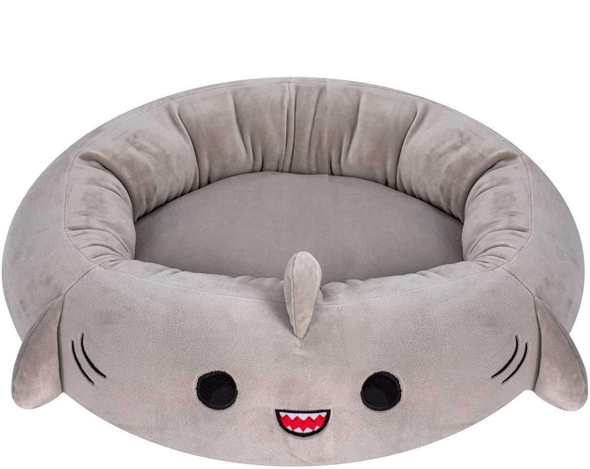 Large grey shark dog bed measuring 76 by 76 centimetres