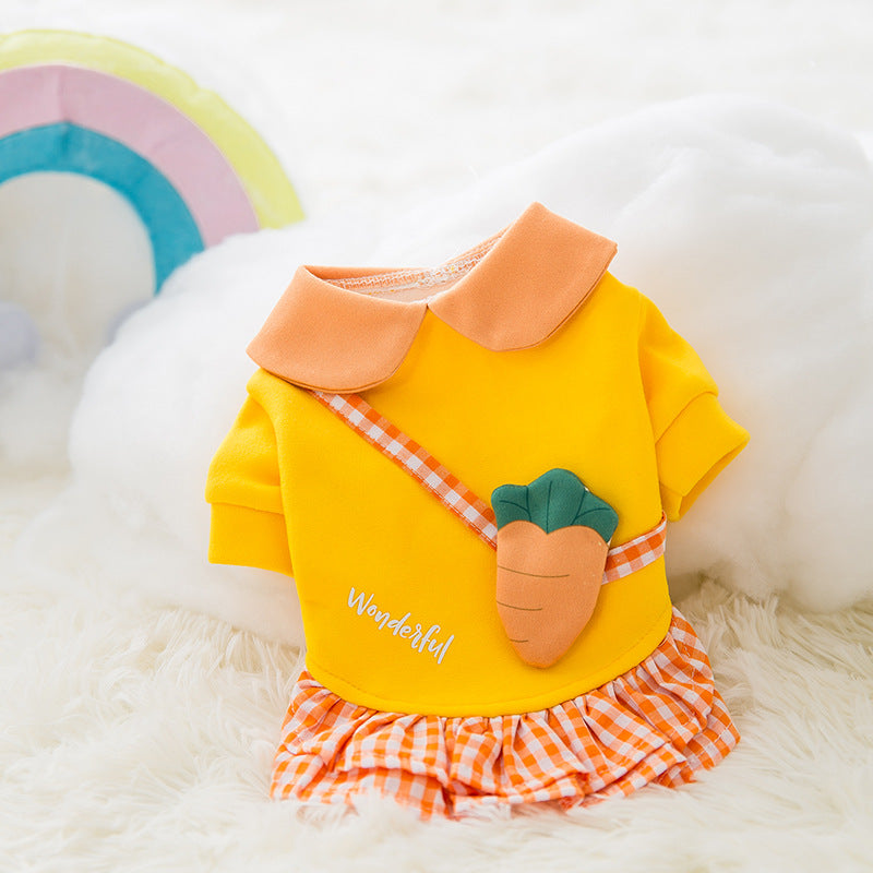 Orange small dog dress with gingham skirt and carrot faux purse