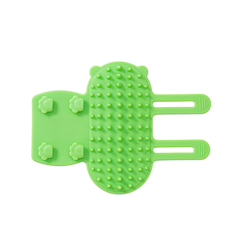 Cat self massage brush attached to a furniture leg using adjustable straps.