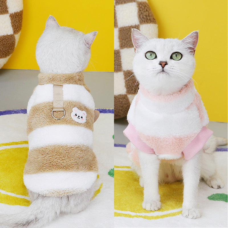 PAWABY striped cat fleece jumper in khaki, wine red and pink