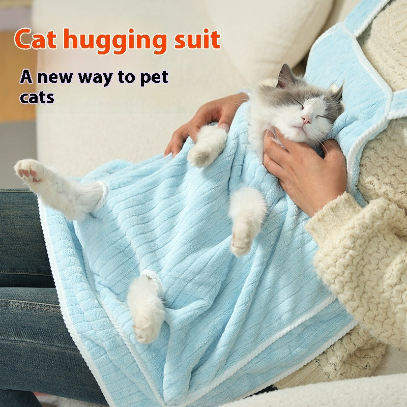 Cat hugging apron suitable for supervised cuddle sessions.