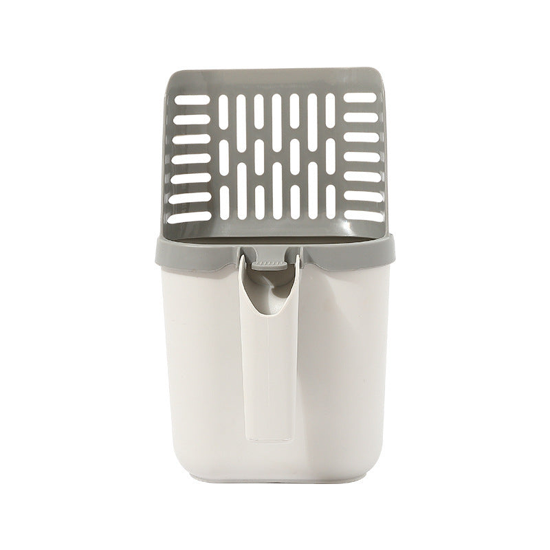 Cat litter scoop with built-in waste bin for convenient disposal.