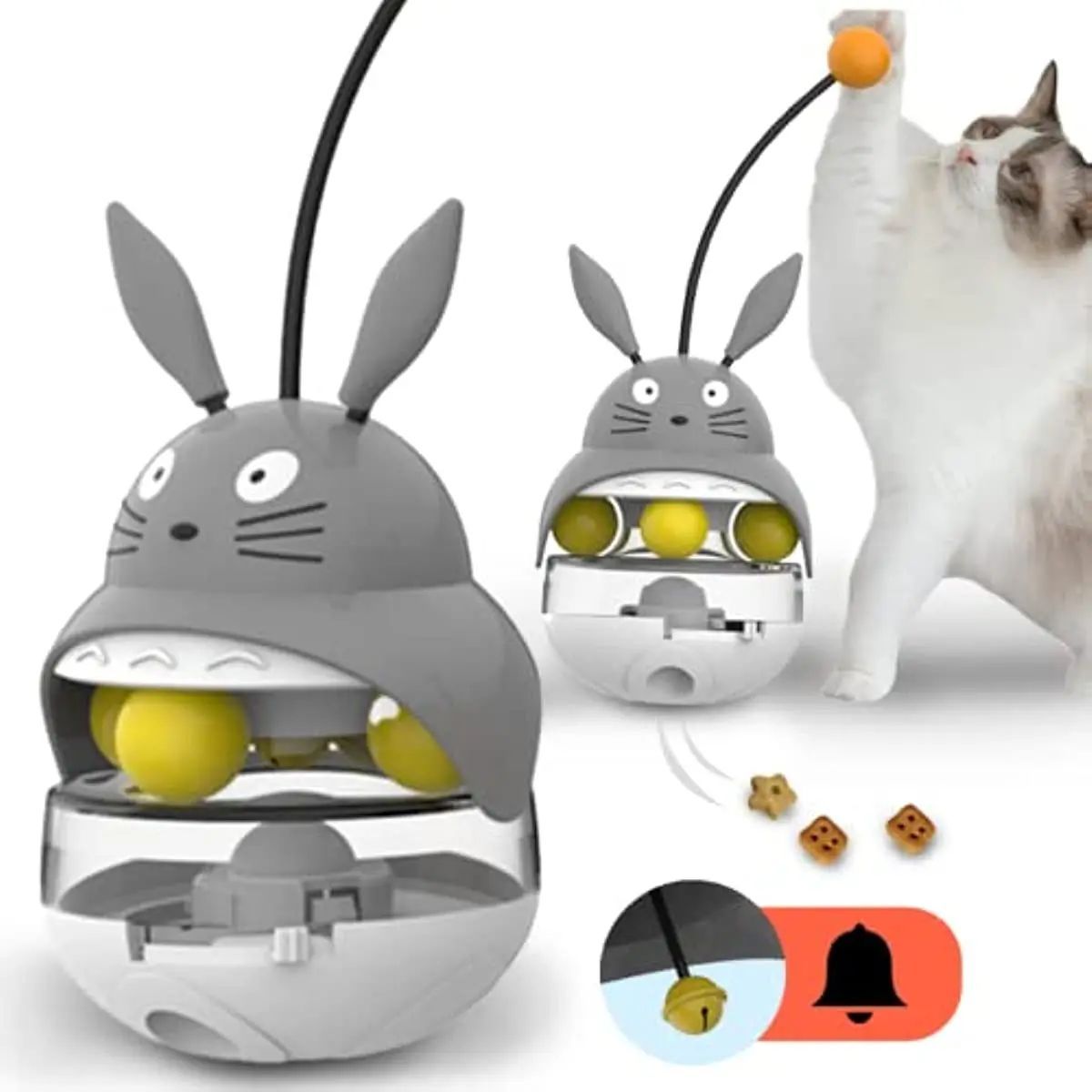 Cat treat dispenser encouraging interactive feeding sessions.