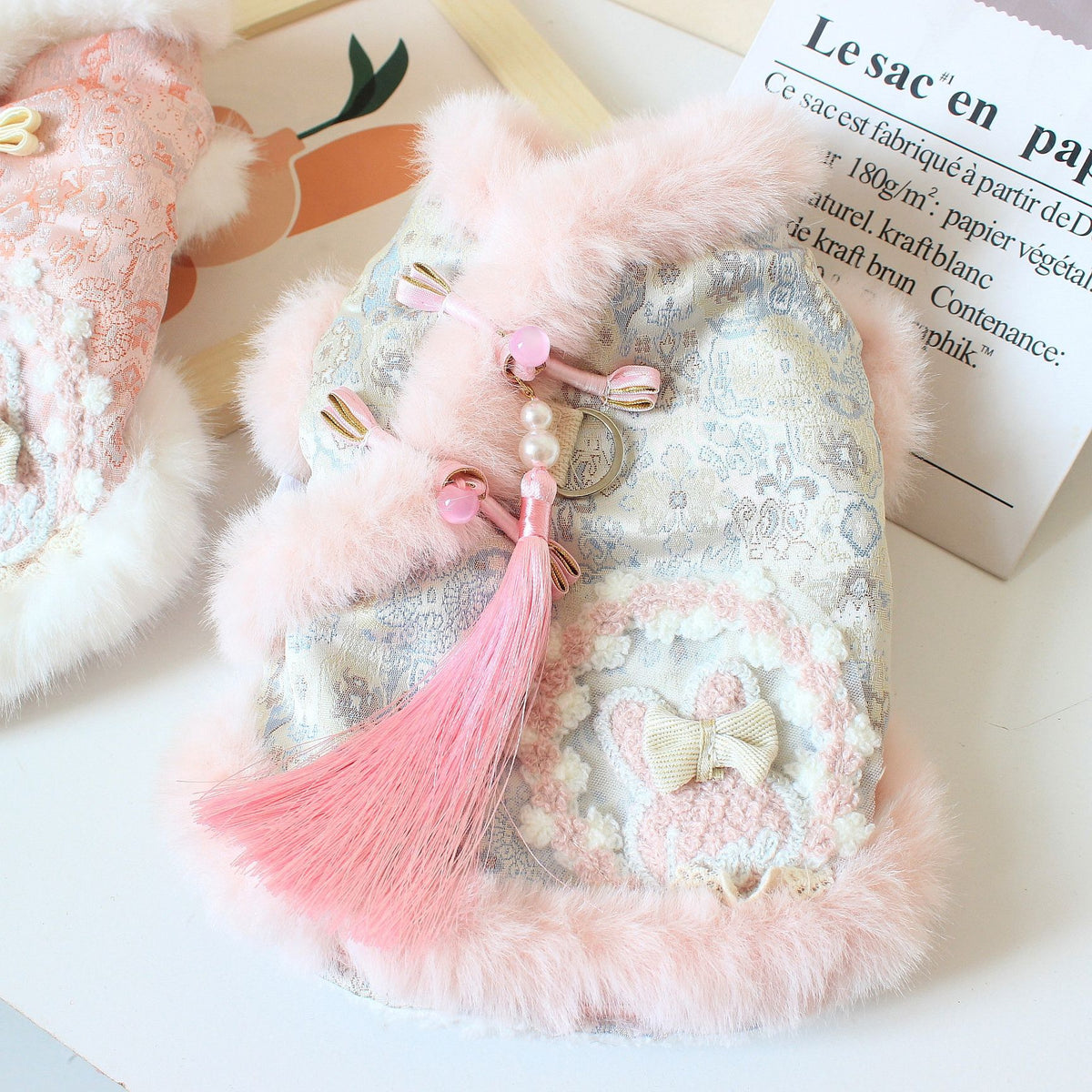 Blue and pink Chinese New Year dog outfit with tassel