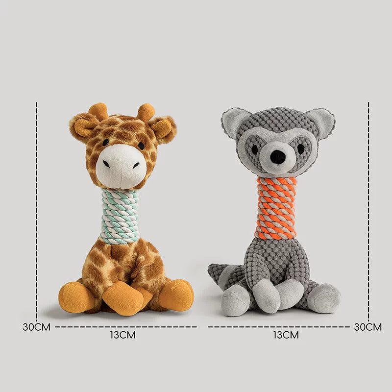 Animal-shaped dog toy with built-in squeaker.