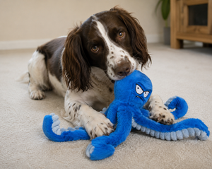 Plush octopus dog toy featuring crinkle tentacles for added sensory fun