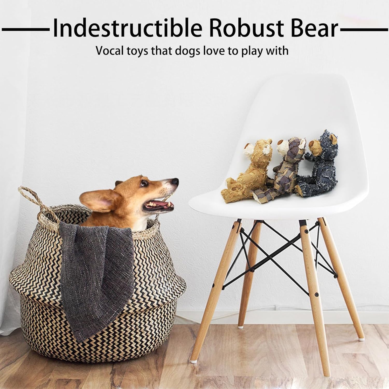 Puppy enjoying a durable bear-shaped toy.