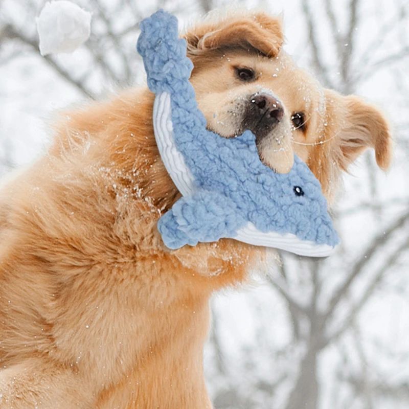 Interactive plush dog toy with built-in squeaker.