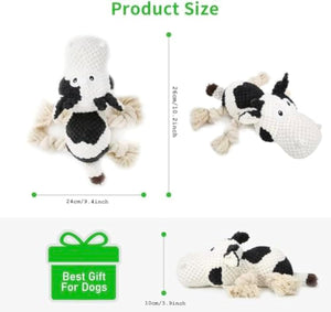 Durable plush cow dog toy designed for fetch, chewing and cuddling