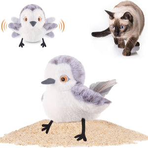 Moving bird cat toy encouraging stalking and pouncing behaviours.