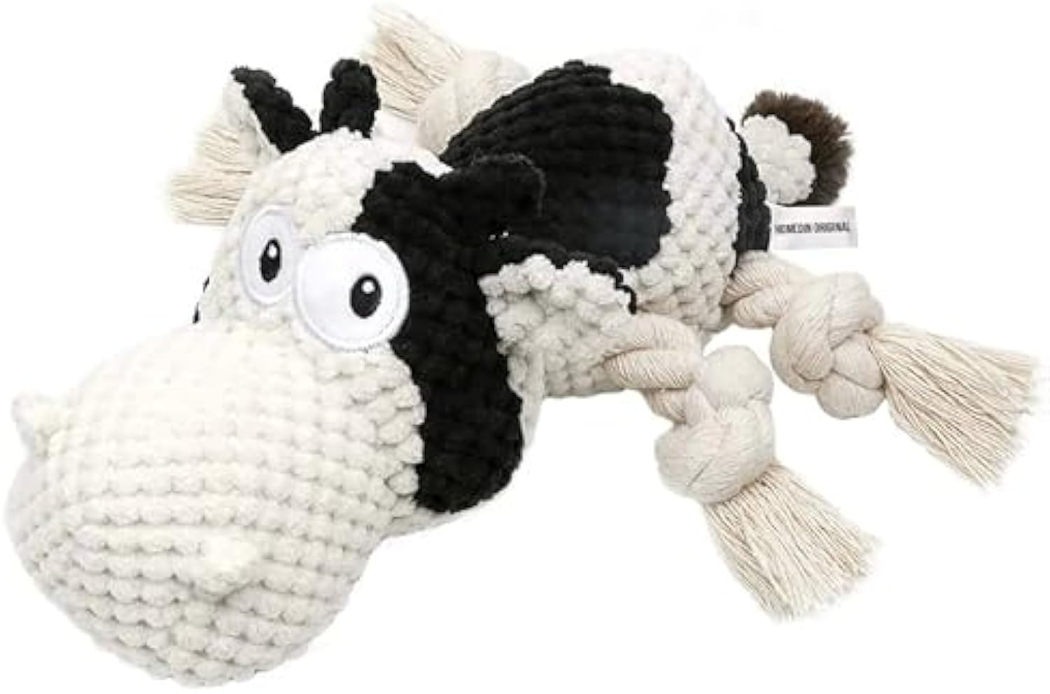 PAWABY plush squeaky cow dog toy made from soft plush fabric for interactive play and gentle chewing.