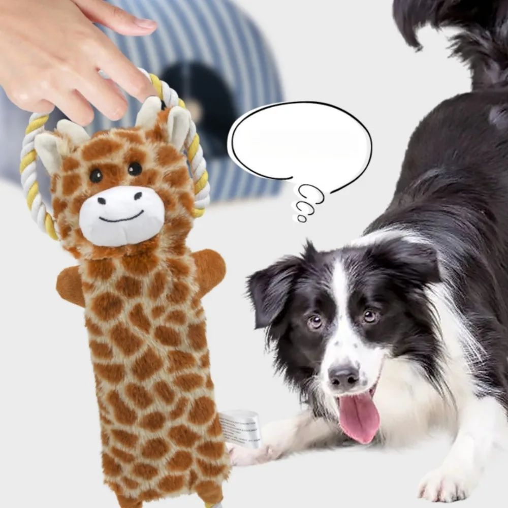 Rope dog toy with plush animal design for tugging and play