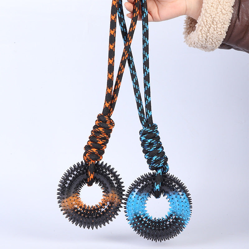Interactive rope tug toy suitable for puppies and adult dogs.