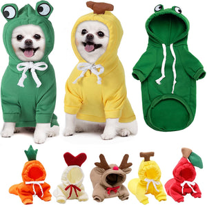 Seven PAWABY fruit and character hoodie designs for small dogs