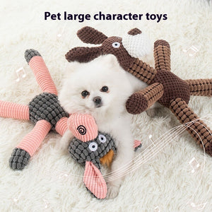 Soft plush dog toy with built-in squeaker for interactive fun.