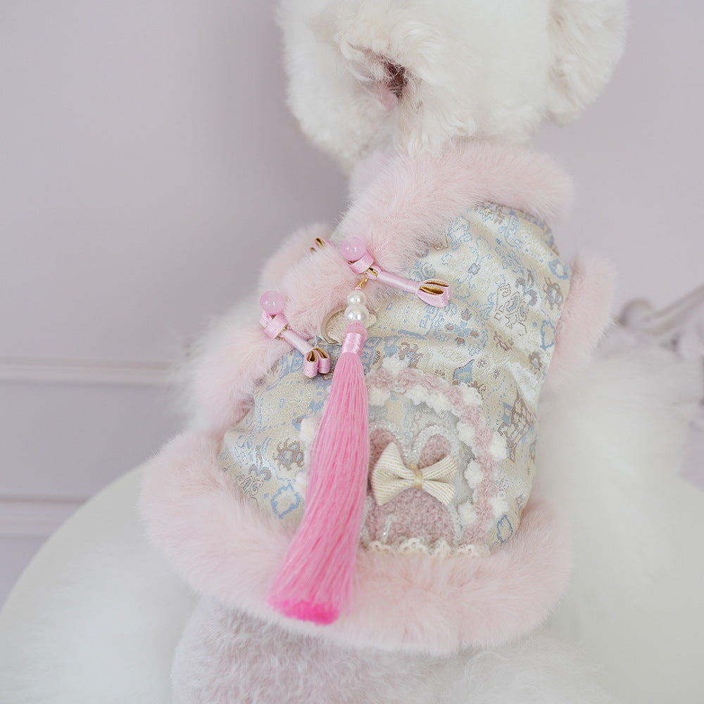 Side view of tasselled Chinese-style dog outfit