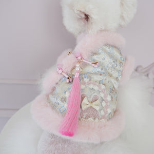 Side view of tasselled Chinese-style dog outfit