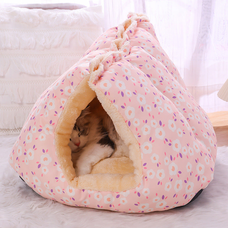 Pink floral convertible cat cave bed