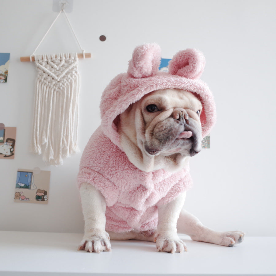 Small dog wearing a Pink pig-inspired plush hoodie