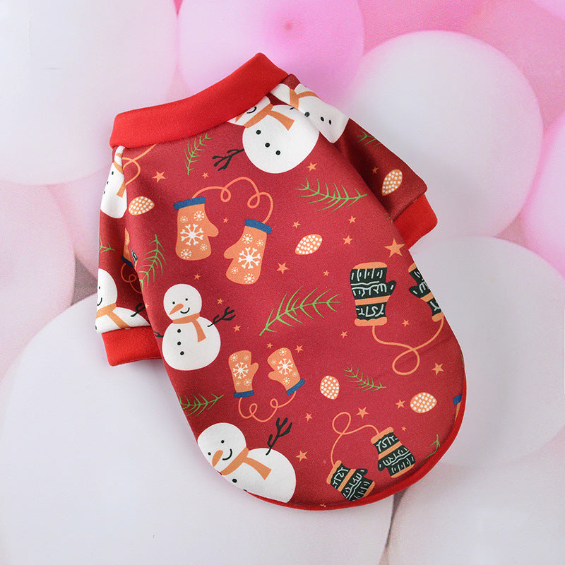 Red Christmas dog shirt with snowmen, mittens and seasonal greenery