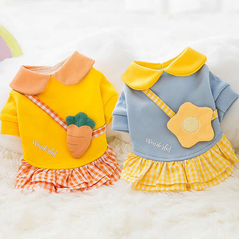 Orange carrot and blue flower small dog dresses with gingham skirts