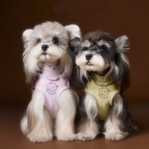 Small dog wearing a beige sleeveless cartoon T-shirt
