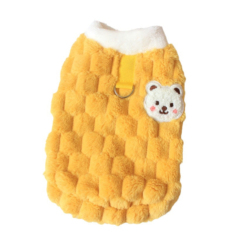 Small dog wearing yellow fluffy PAWABY gilet