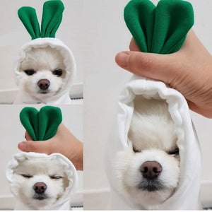 White radish dog hoodie with green leaf-shaped hood detail