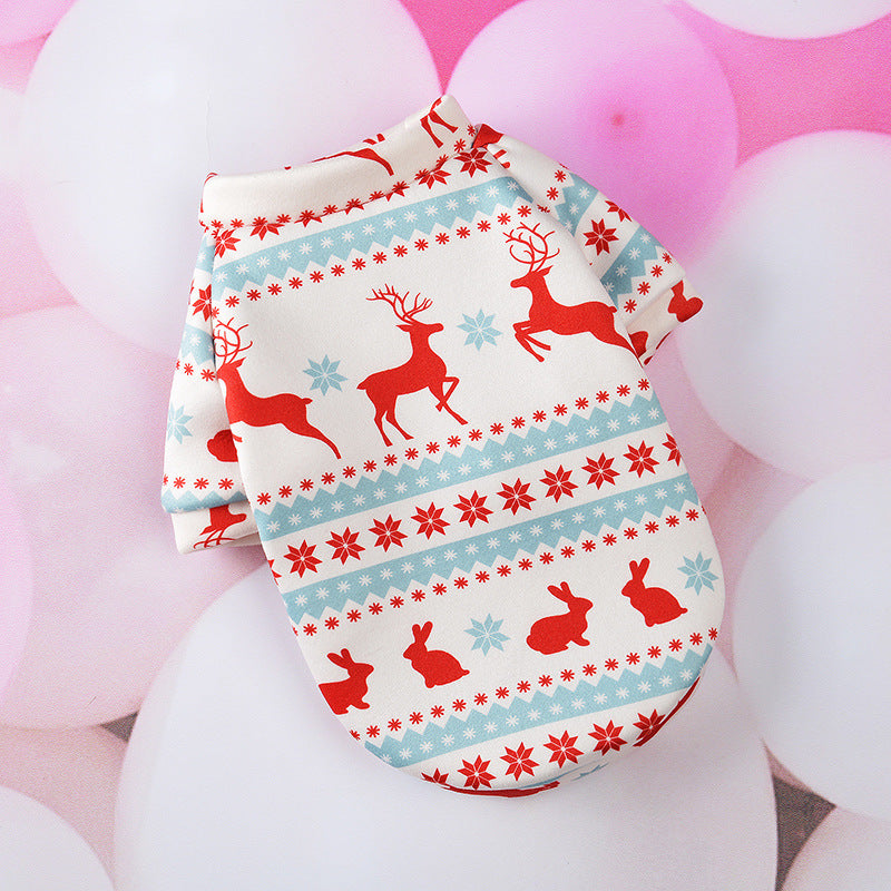 White Nordic-style dog T-shirt with red reindeer and snowflakes